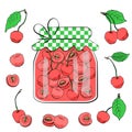 Cherry jam jar and cherries, isolated on white. Homemade food. Vector illustration