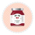 Cherry jam label and packaging. The flat original illustration and texts on the minimalist label on the jar. Royalty Free Stock Photo