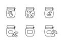 Cherry jam. Linear icons set of different jars of sweet canned food. Black simple illustration of berry confiture, dessert, home