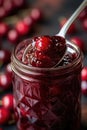 Cherry jam. Spoon scooping homemade cherry jam from a glass jar surrounded by fresh cherries Royalty Free Stock Photo