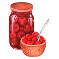 Cherry jam and a spoon. Watercolor illustration. Isolated on a white background. For design. Royalty Free Stock Photo