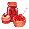 Cherry jam and a spoon. Watercolor illustration. Isolated on a white background. For design. Royalty Free Stock Photo