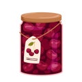 Cherry jam, isolated glass jar with lid, hanging on rope paper label, canned berries Royalty Free Stock Photo