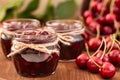 Cherry jam on wooden background in the jars Royalty Free Stock Photo