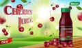 Cherry juice with bokeh background on wooden table. Juice container package ad isolated. 3d realistic ripe cherry Vector