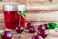 Cherry juice and cherry berries on wooden background