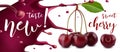 Cherry juice. Fresh cherry fruit with juice splash, 3d style vector banner or label Royalty Free Stock Photo