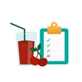 Cherry juice in a glass and checklist form on clipboard. Healthy food