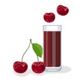 Cherry juice in a glass glass, next to cherries. White background, isolate. Vector illustration