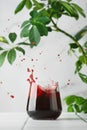Cherry juice in glass. juice splash. juice on tile table summer concept Royalty Free Stock Photo