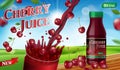 Cherry juice with splash isolated on bokeh background. Juice container package ad. 3d realistic ripe cherry Vector