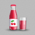 Cherry juice in a transparent glass bottle in a glass cup on transparent background. Vector illustration of a