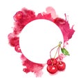 Cherry and juicy splash on white background. Hand-painted watercolor template Royalty Free Stock Photo