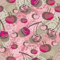 Cherry and Lace-Fruit Delight seamless Repeat Pattern illustration.Background in pink,maroon, brown and cream.