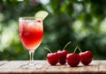 Cherry limeade in a glass with a background of fresh cherry slices and lime wedges. AI generated. Royalty Free Stock Photo