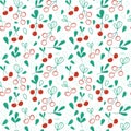 Cherry line seamless pattern. Fruit vector flat pattern. Red and green objects, leaves, berries. Spring and summer design Royalty Free Stock Photo