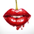 Cherry lips. Painted illustration of juicy red lips with red lipstick in shape of cherry berry. Red lips and white teeth, opened