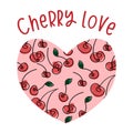 Cherry love heart shaped vector background with various cherries