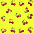 Cherry low poly seamless pattern. Picture with polygonal berry on the yellow background.