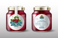 Cherry marmalade. Cherries and silk ribbons. White round label for sweet preservation. Mock up of a glass jar with a label. Royalty Free Stock Photo