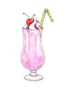 Cherry milk shake with whipped cream and jam in a transparent glass with a tubule isolated on a white background. Vector drawing