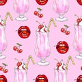 Cherry milk shake with whipped cream and jam in a transparent glass with a tubule on a pink background. Seamless pattern