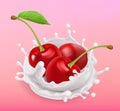 Cherry and milk splash. Fruit and yogurt. 3d vector icon