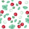 Cherry with mint and ice hand draw vector pattern. Royalty Free Stock Photo