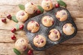 Cherry muffins fresh and homemade baked in a muffin pan closeup. Horizontal top view