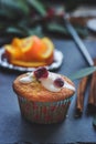 Cherry orange muffins in muffin baking pan Royalty Free Stock Photo