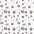 Cherry pattern. Hand painted colored sketch style cherry berries, seamless backdrop on a white background Royalty Free Stock Photo