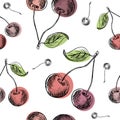 Cherry pattern. Hand painted colored sketch style cherry berries, seamless backdrop on a white background Royalty Free Stock Photo