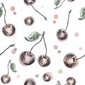 Cherry pattern. Hand painted colored sketch style cherry berries, seamless backdrop on a white background Royalty Free Stock Photo