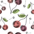 Cherry pattern. Hand painted sketch style cherry berries, seamless backdrop on a transparent background Royalty Free Stock Photo