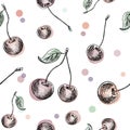 Cherry pattern. Hand painted sketch style cherry berries, seamless backdrop on a transparent background Royalty Free Stock Photo