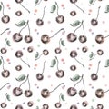Cherry pattern. Hand painted sketch style cherry berries, seamless backdrop on a transparent background Royalty Free Stock Photo