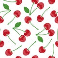 Cherry pattern. Seamless vector berry background with red cherry and leaves