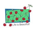 Cherry pattern. T-shirt print. Life is beautiful. Summer design. Vector sketch. Hand drawn fresh berry. Doodle red and green Royalty Free Stock Photo