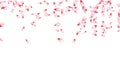 Cherry petals flying vector invitation background. Spring falling flower parts confetti, blossom elements celebration design.