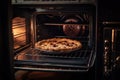 cherry pie being baked in a vintage oven, with steam and heat visible