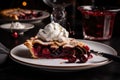 cherry pie being served on bistro-style plate, with dollop of whipped cream and a sprinkle of cinnamon