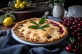 cherry pie being served on a platter, with sprig of fresh herbs and a wedge of lemon