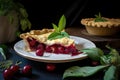 cherry pie being served on a platter, with sprig of fresh herbs and a wedge of lemon