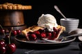 cherry pie being served with scoop of freshly whipped cream