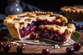cherry pie, with the delicious cherry filling oozing out of the flaky crust