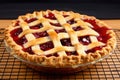 cherry pie with lattice pastry crust, ready for serving