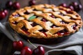 cherry pie with lattice pastry crust, ready for serving