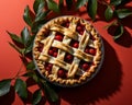 a cherry pie with lattice on a red background