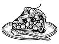 Cherry pie, slice of cake on plate. Line art sketch picture. Hand drawn. Royalty Free Stock Photo