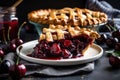 cherry pie on a white plate, with cherry juice running down the sides